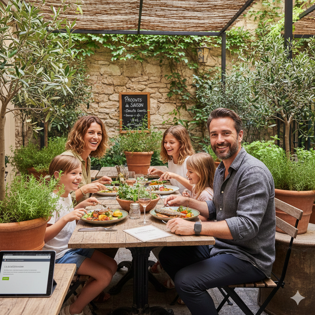 Cuisine bistronomique de saison, Famille déjeunant sur la terrasse végétalisée du restaurant bistronomique La Cour à Paris.